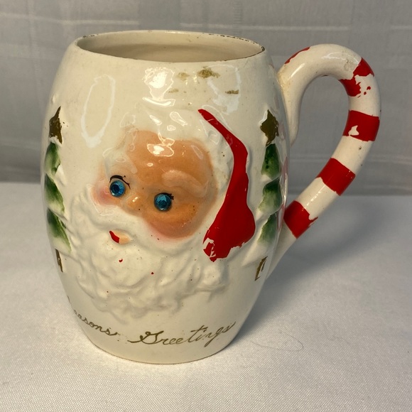 1950's Kreiss & Co. Santa Mug Christmas Rhinestone Eyes, Hand Painted. - Picture 3 of 10
